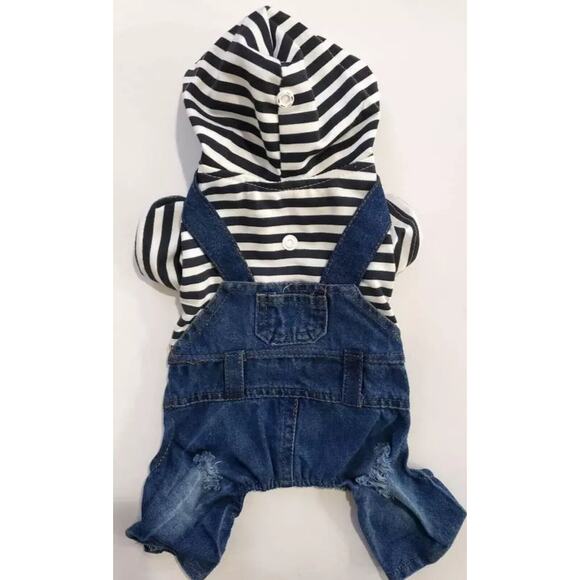 Dog/Pet Overall suit Denim/Navy Stripe T-shirt Hoodie Hood Snaps L New - Picture 1 of 4